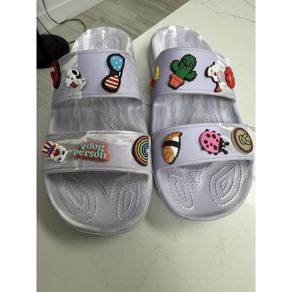 Crocs Slip On Sandels Purple marble Womens 10  With 13 Charms.